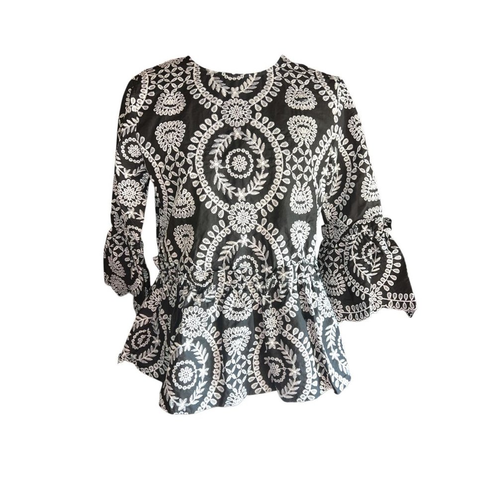 ASOS Black White Floral Embroidered Peplum Blouse With Ruffles. Women Size 0
